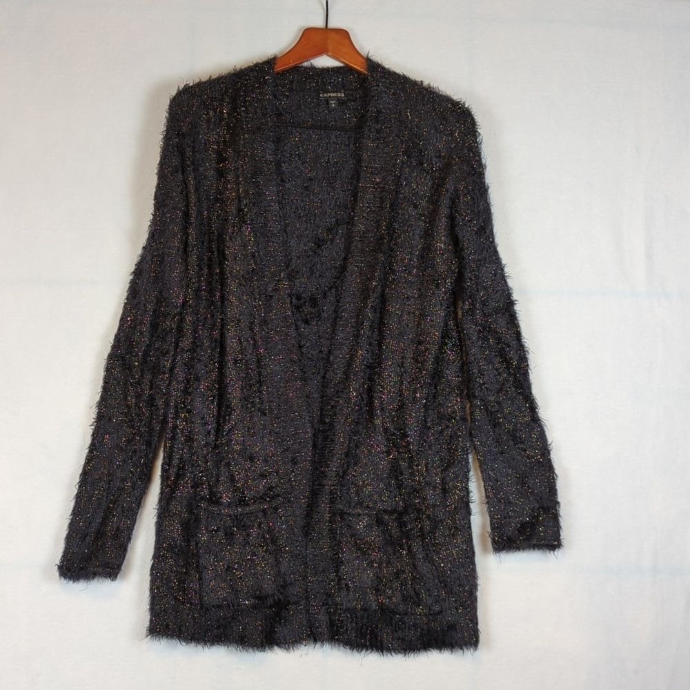 Express Women's Size S Black & Gold Fuzzy Open Oversized Cardigan